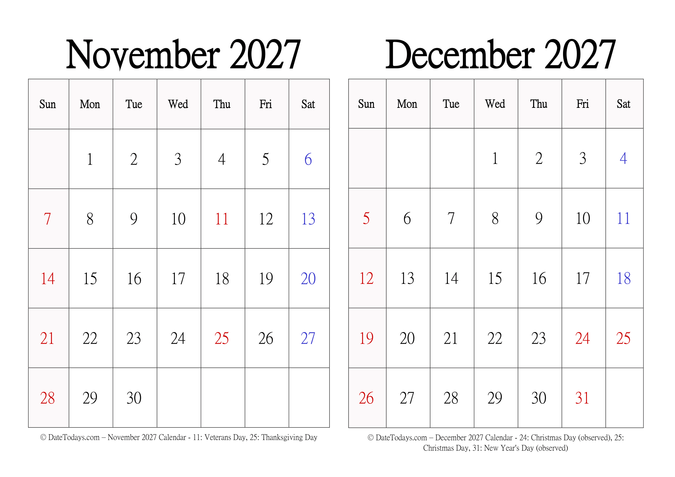 Landscape Print November December 2027 Calendar