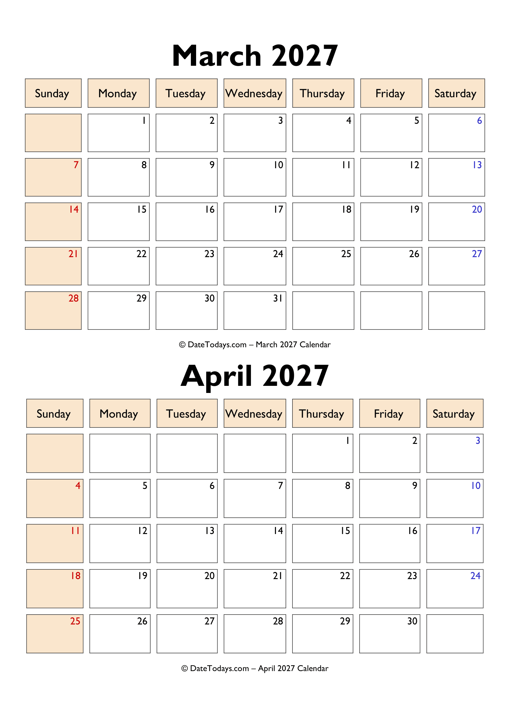 Mar Apr 2027 Calendar PDF
