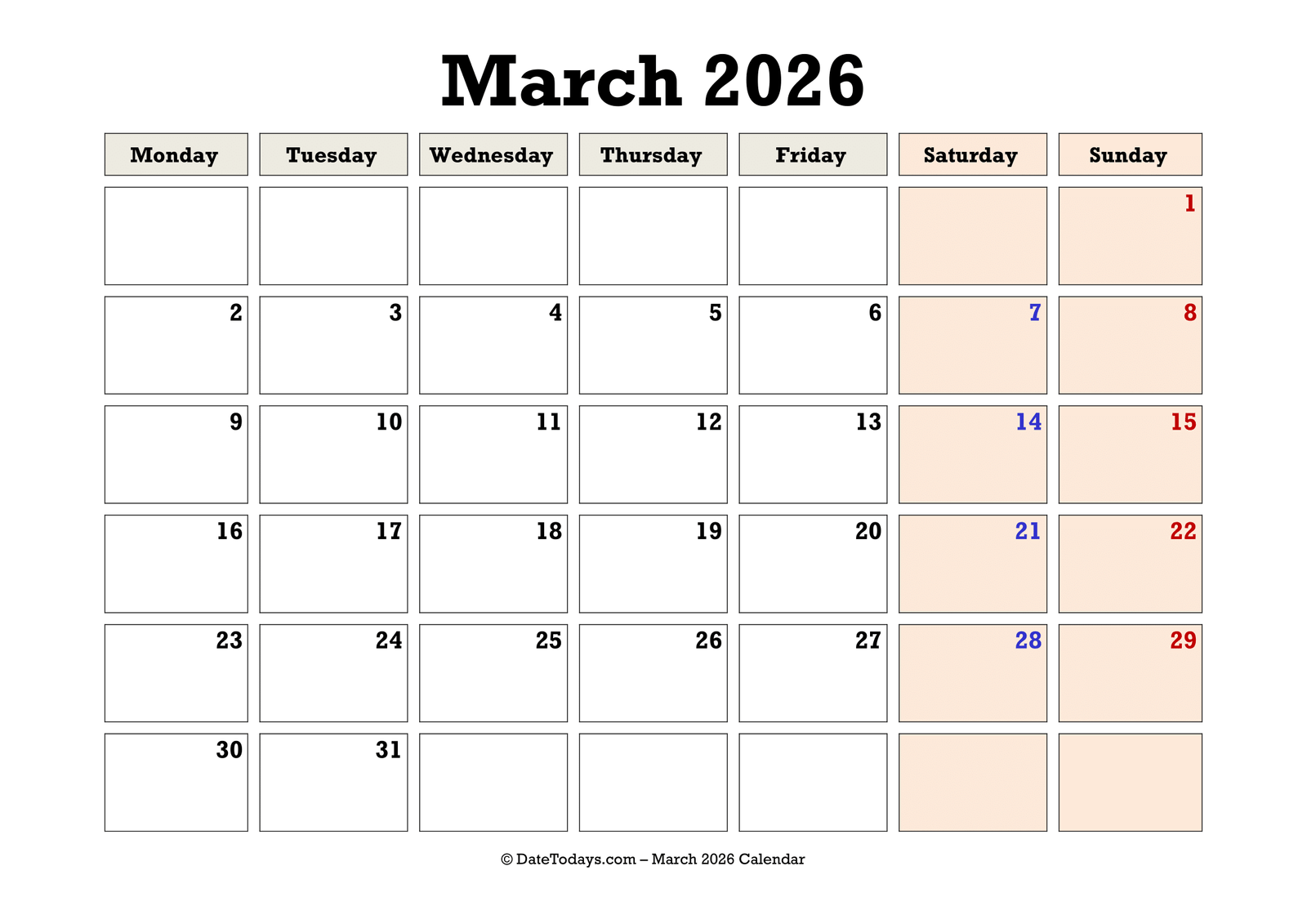 March 2026 Calendar Monday Start