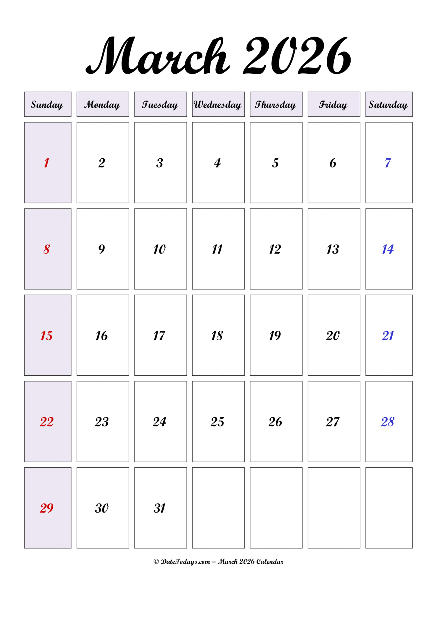 Free March 2026 Calendar Printable PDF with US Holidays