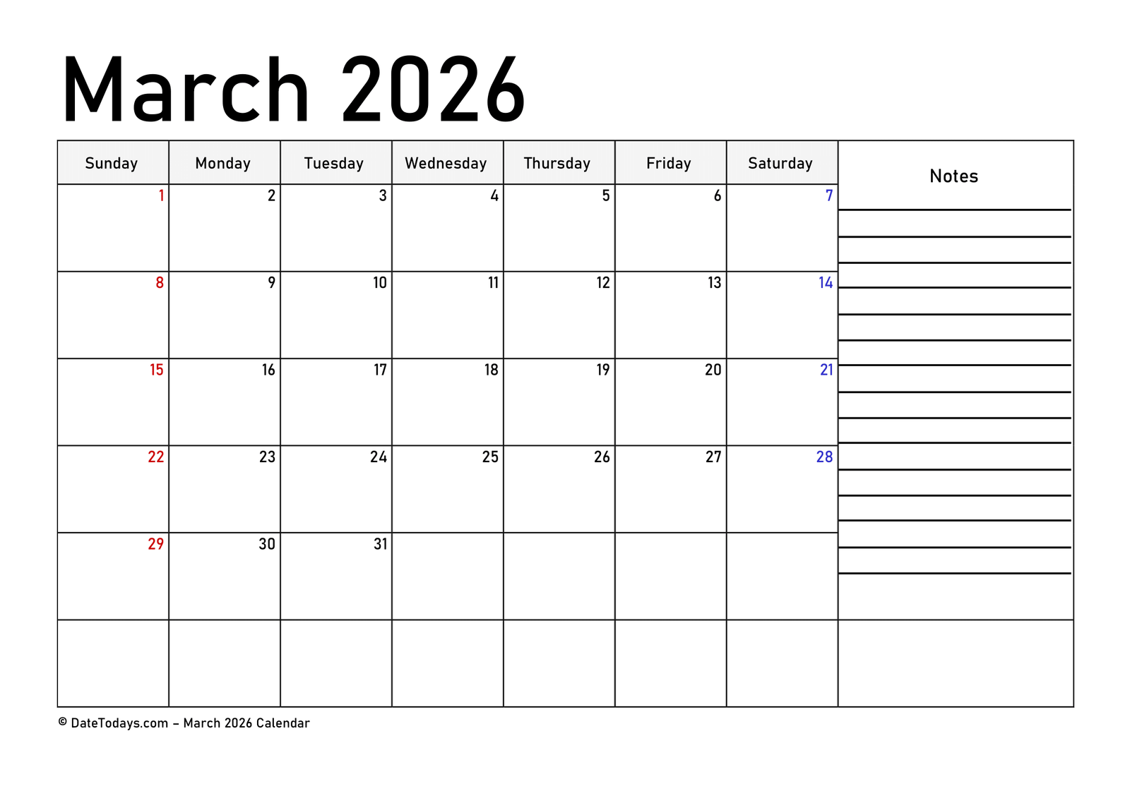 March 2026 Calendar with Note