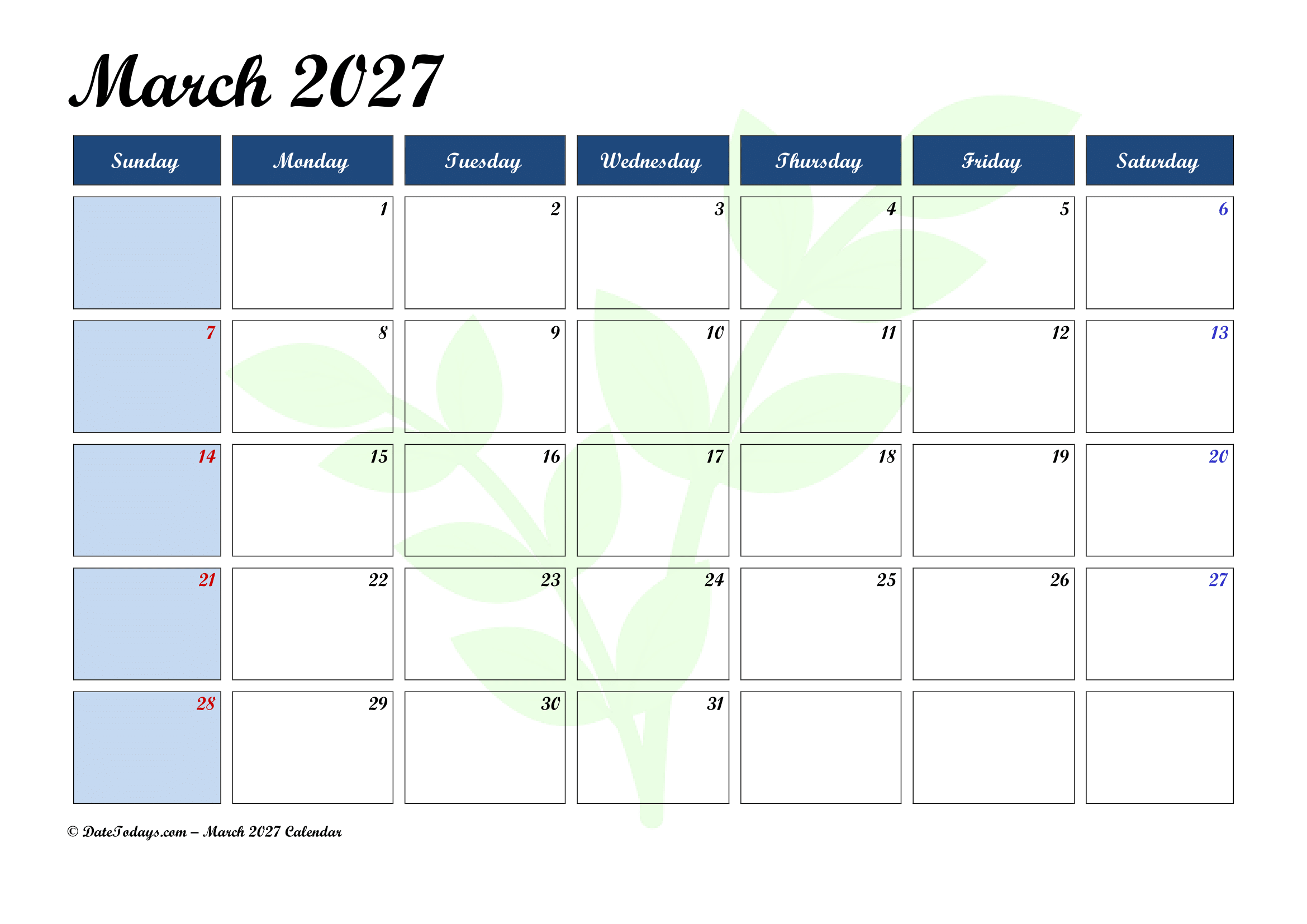 Blue Color Professional Business March 2027 Calendar