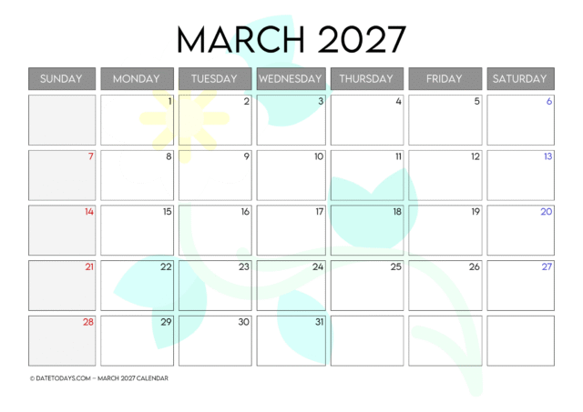 March 2027 Calendar - Printable PDF with Holidays