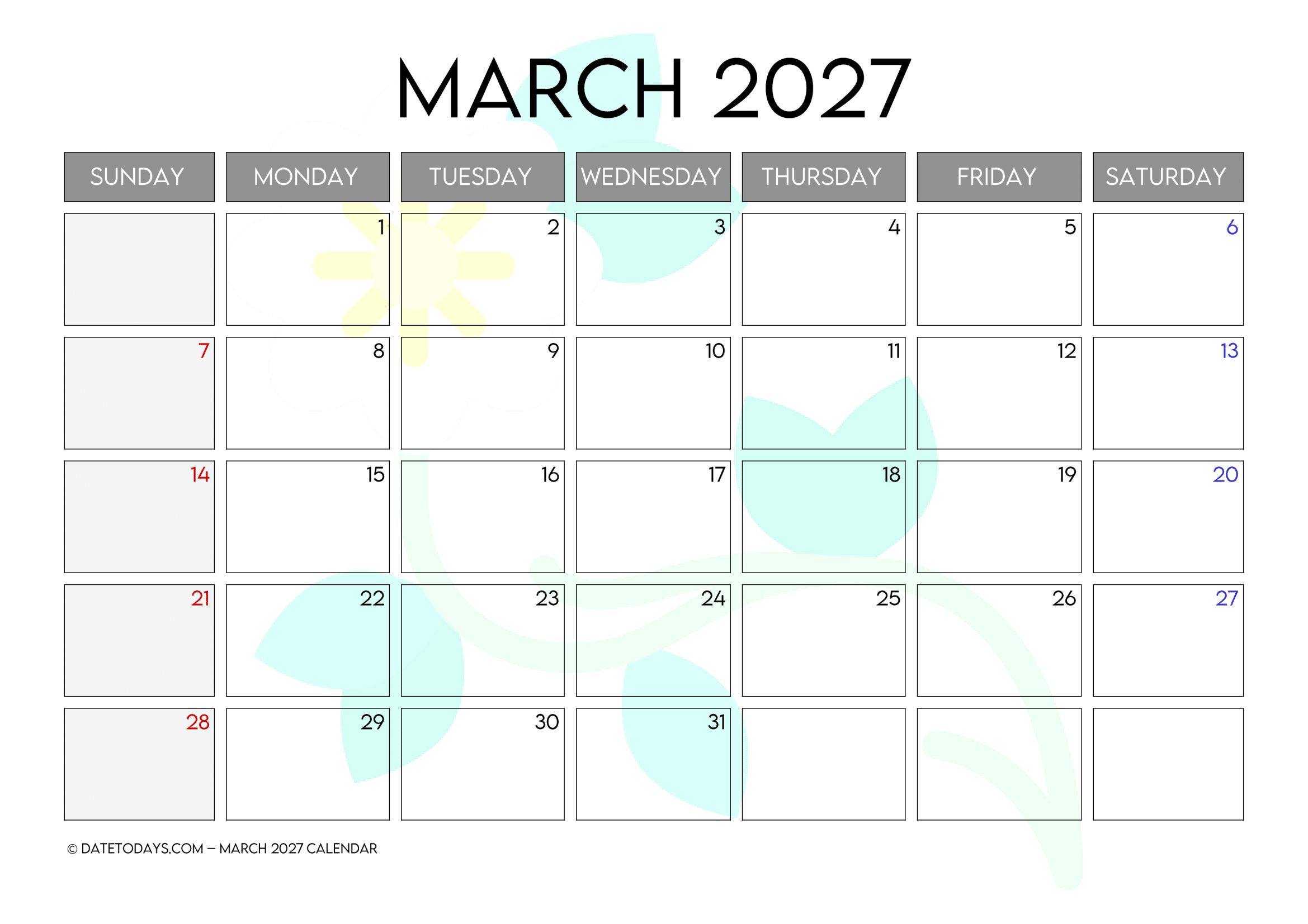 Printable March 2027 Calendar with Holidays