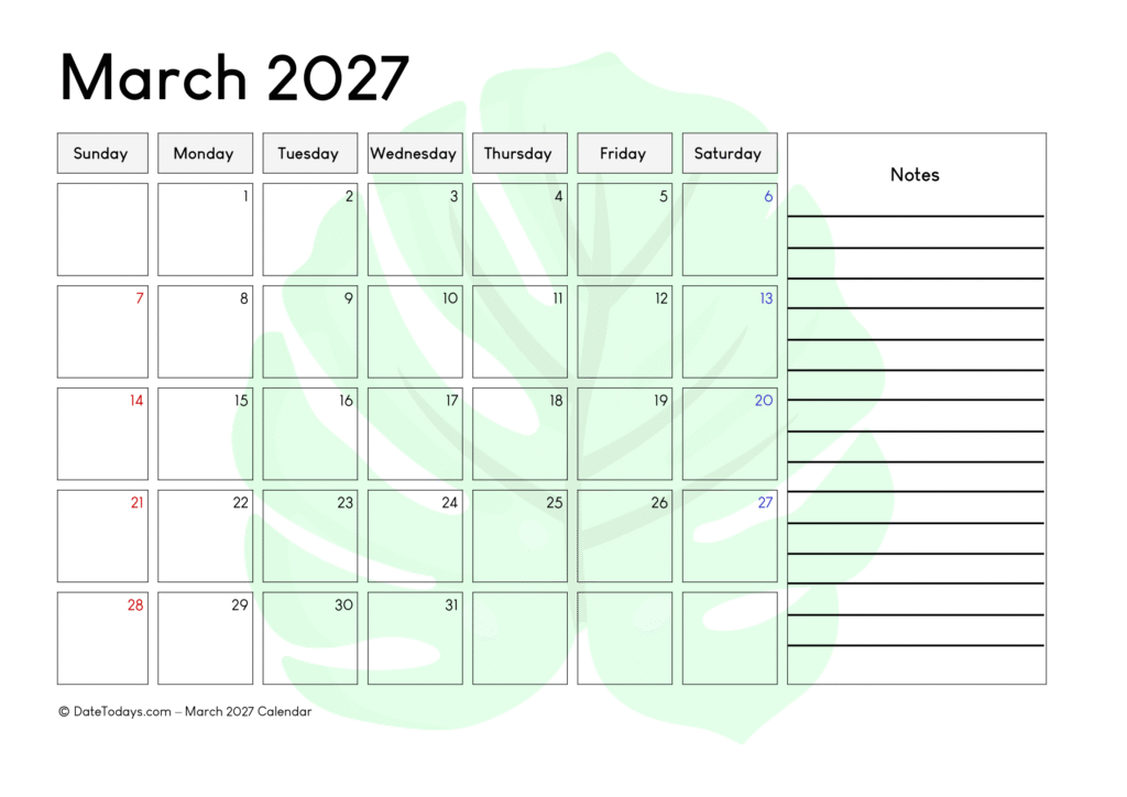March 2027 Calendar - Printable PDF with Holidays