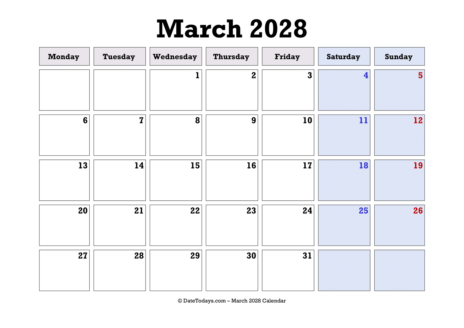 March 2028 Calendar Monday Start
