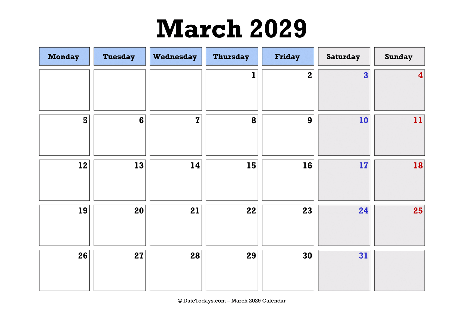 March 2029 Calendar Monday Start