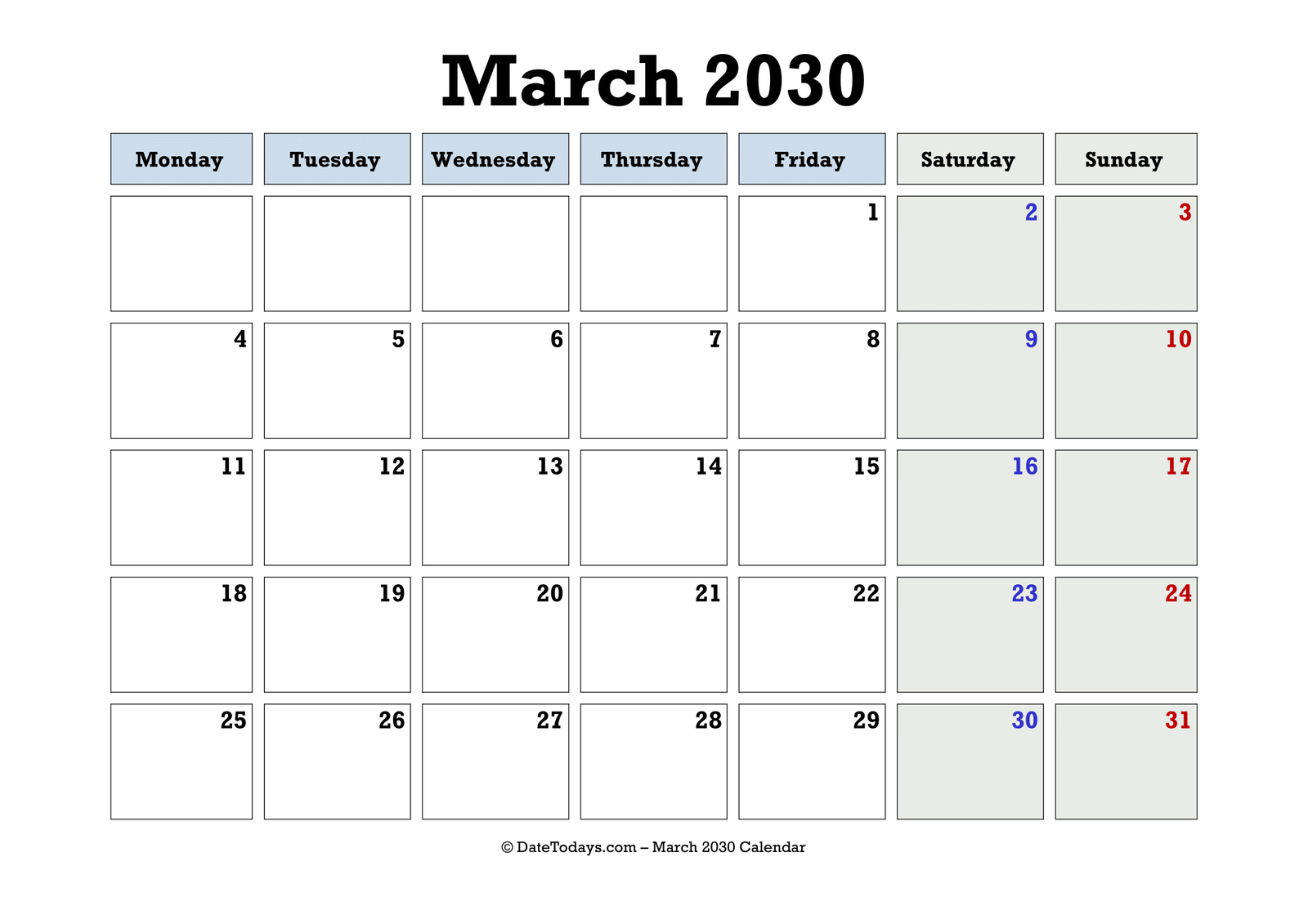 March 2030 Calendar Monday Start