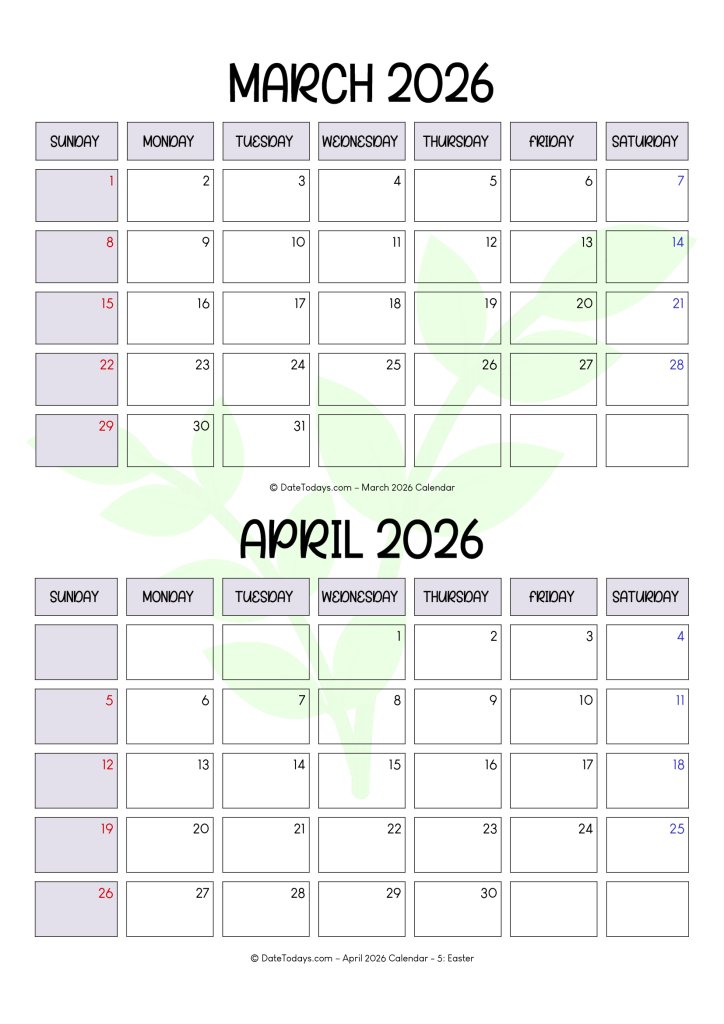 March April 2026 Calendar Printable PDF 2 Month Calendar