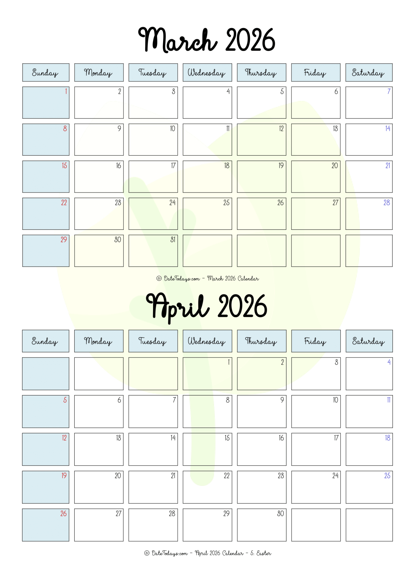March April 2026 Calendar Printable PDF 2 Month Calendar