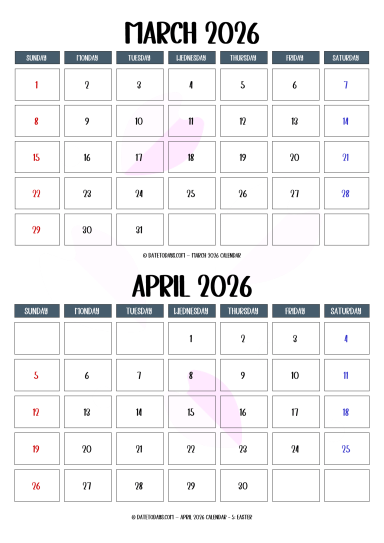 February March 2026 Calendar Printable PDF 2 Month Calendar