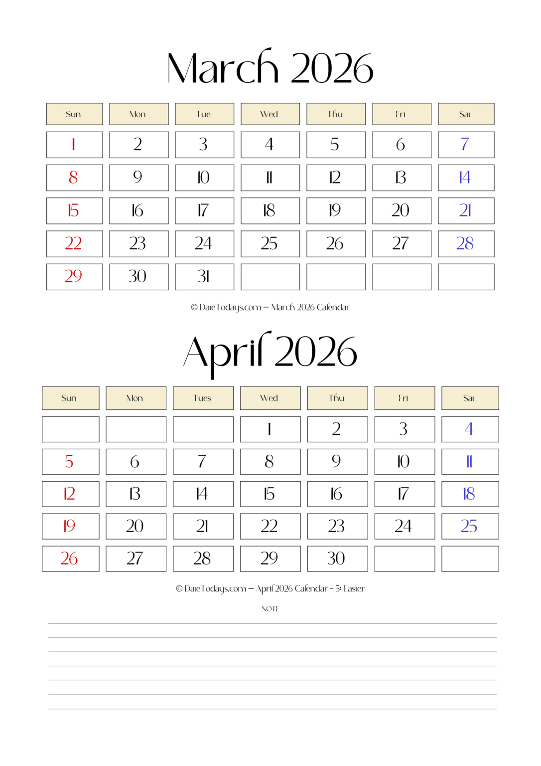 March April 2026 Calendar Printable PDF 2 Month Calendar March April 2026 Calendar Printable PDF 2 Month Calendar