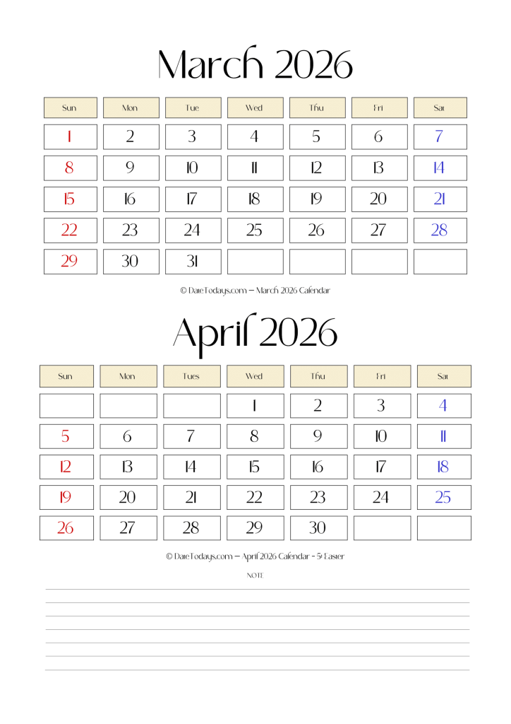 March April 2026 Calendar Printable PDF - 2 Month Calendar