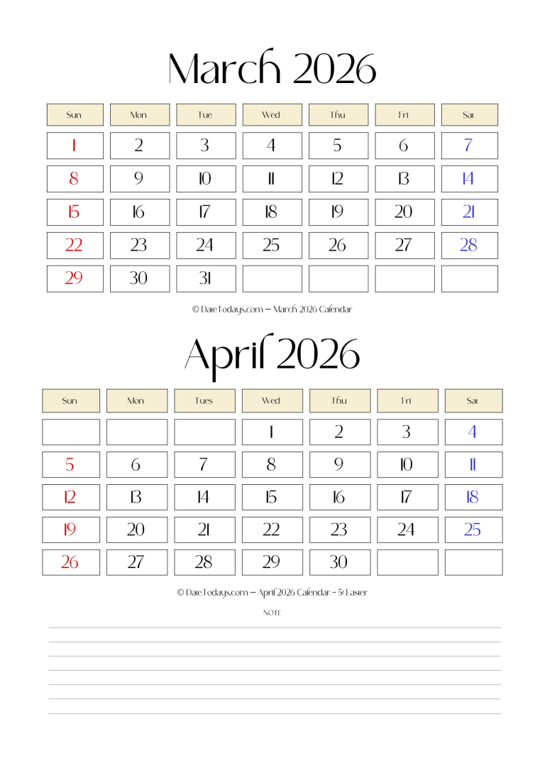 March April 2026 Calendar Printable PDF 2 Month Calendar