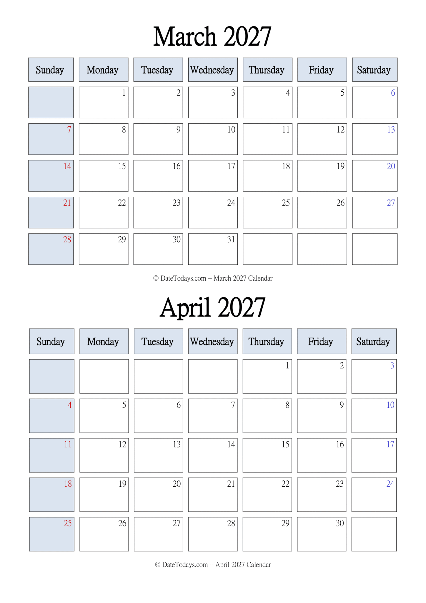 March April 2027 Calendar Printable 