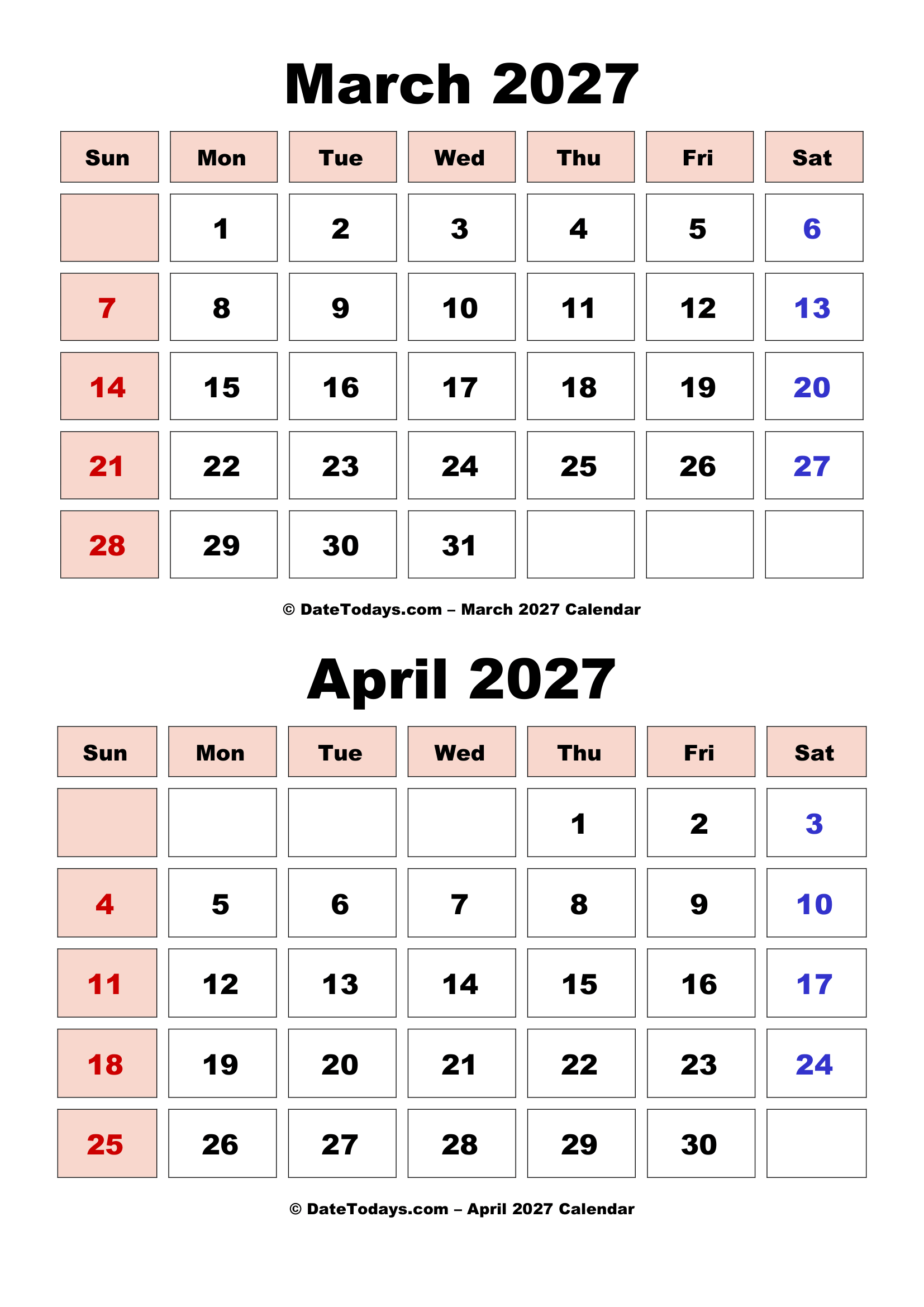March April 2027 Calendar Bold Font