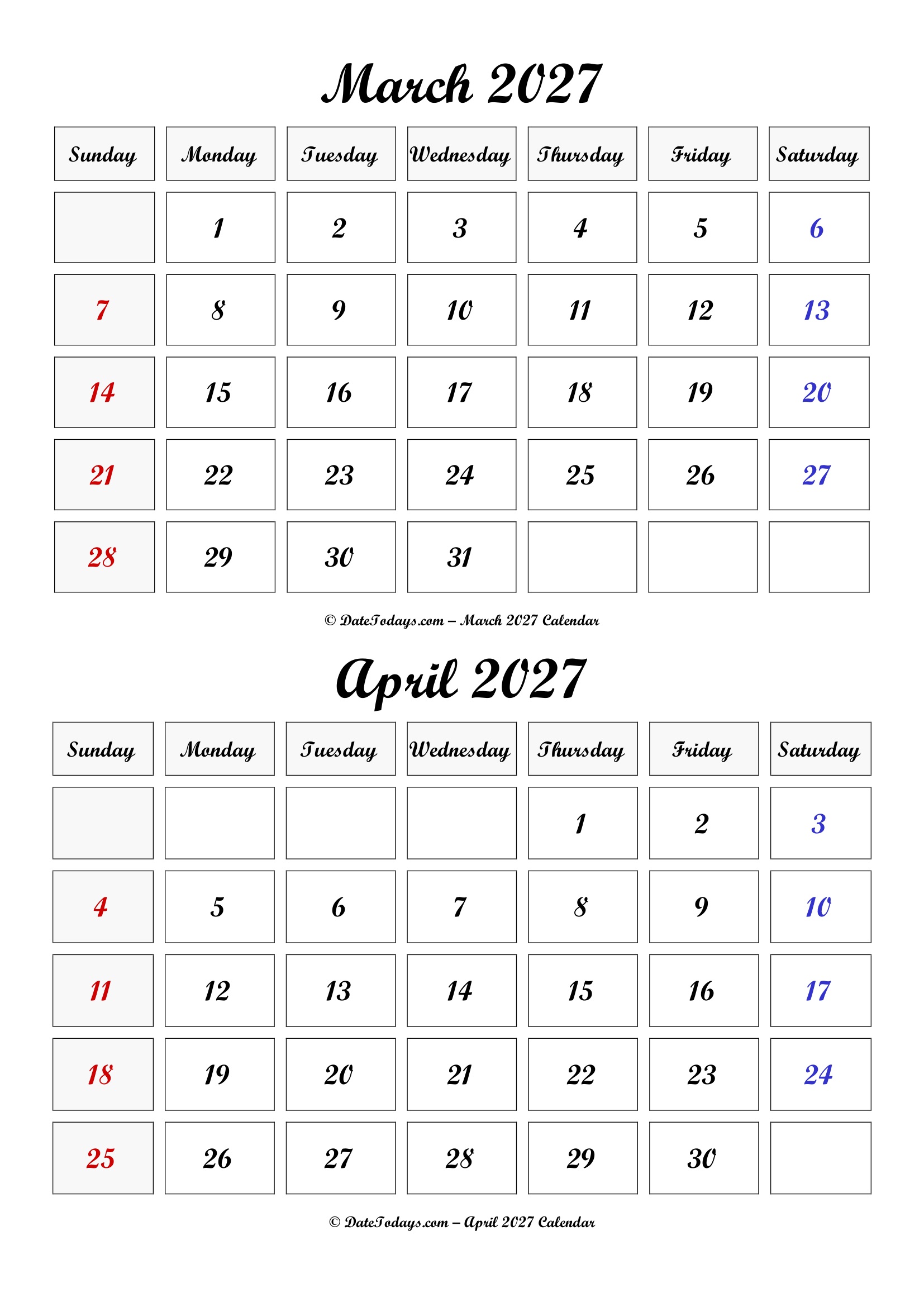 March April 2027 Calendar Cursive Font