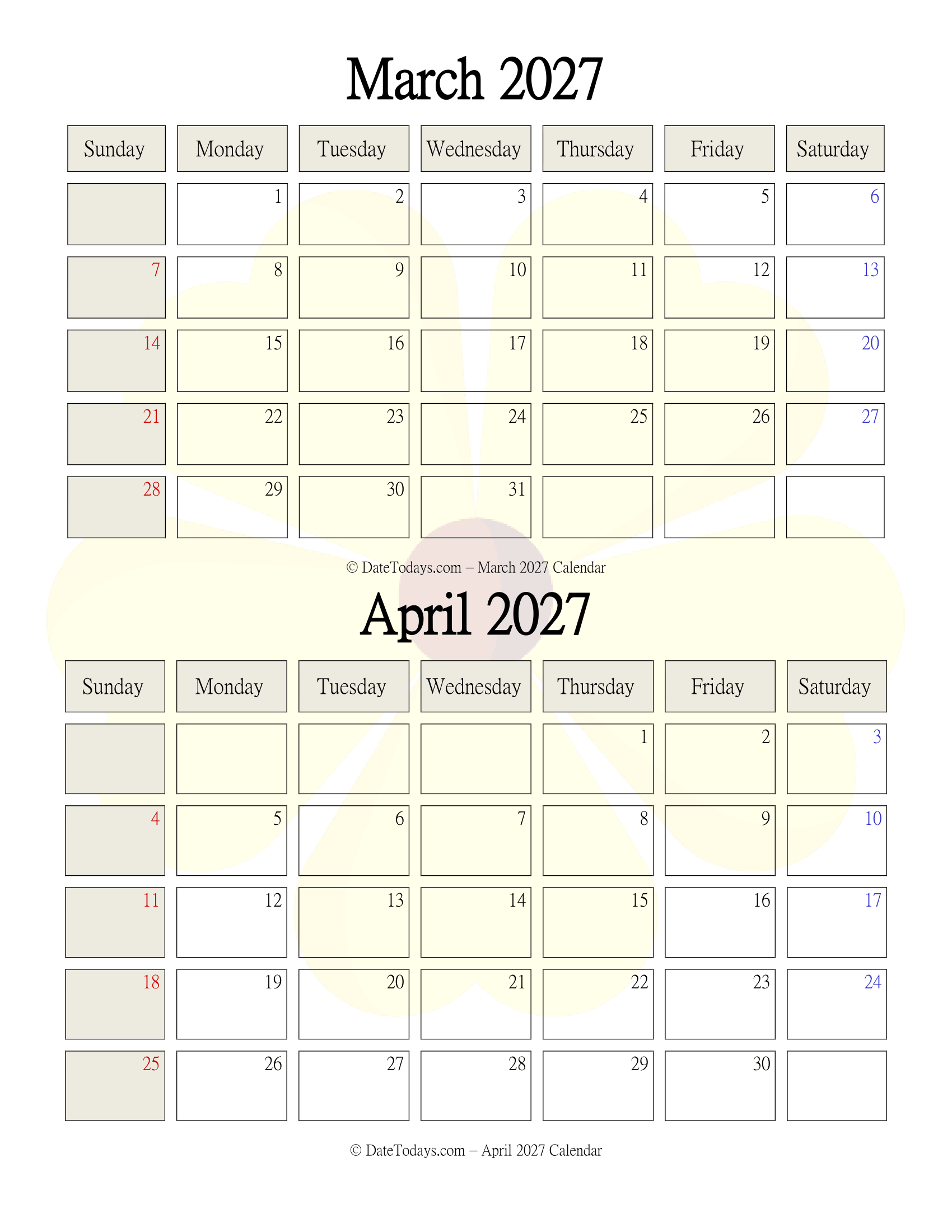 March April 2027 Calendar Free
