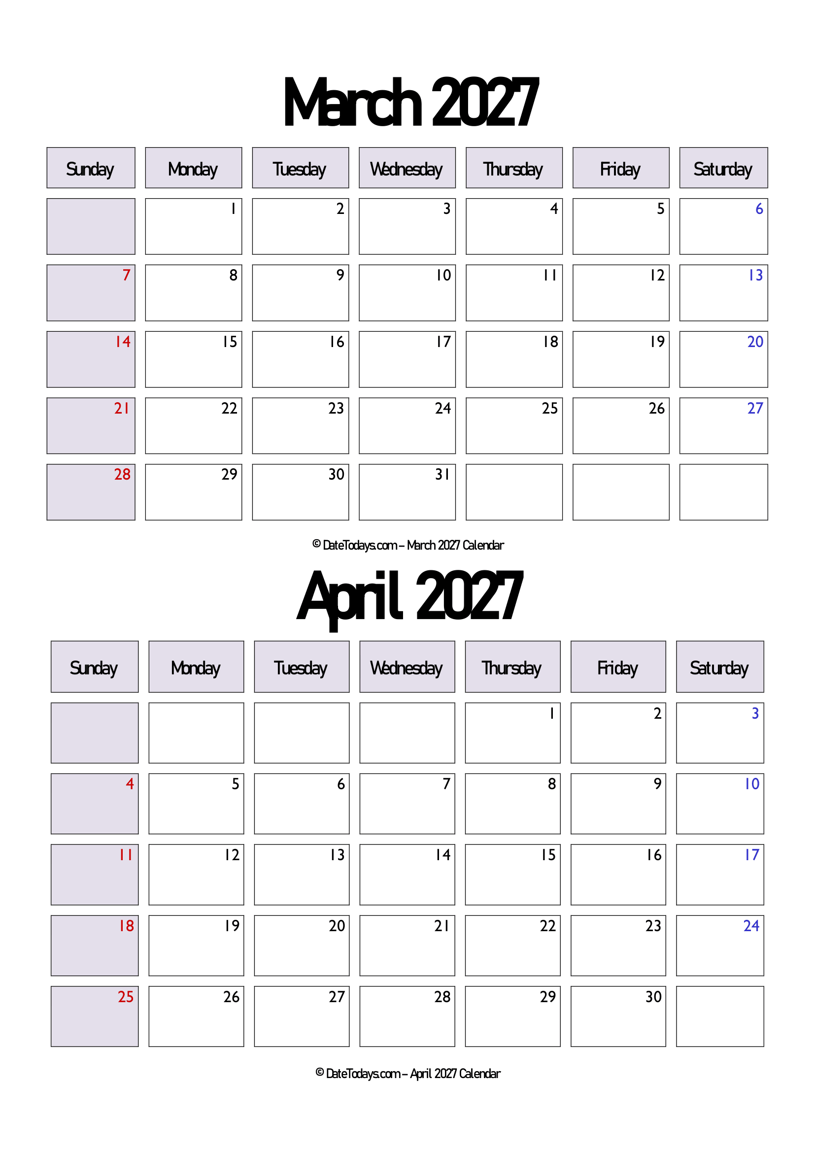 March April 2027 Calendar PDF