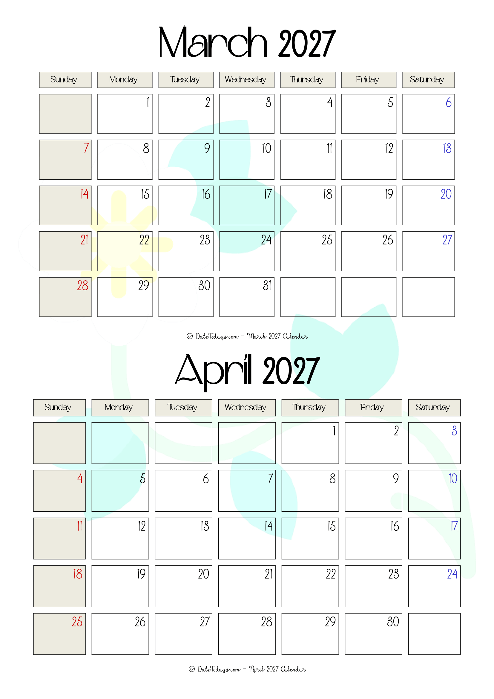 March April 2027 Calendar Printable