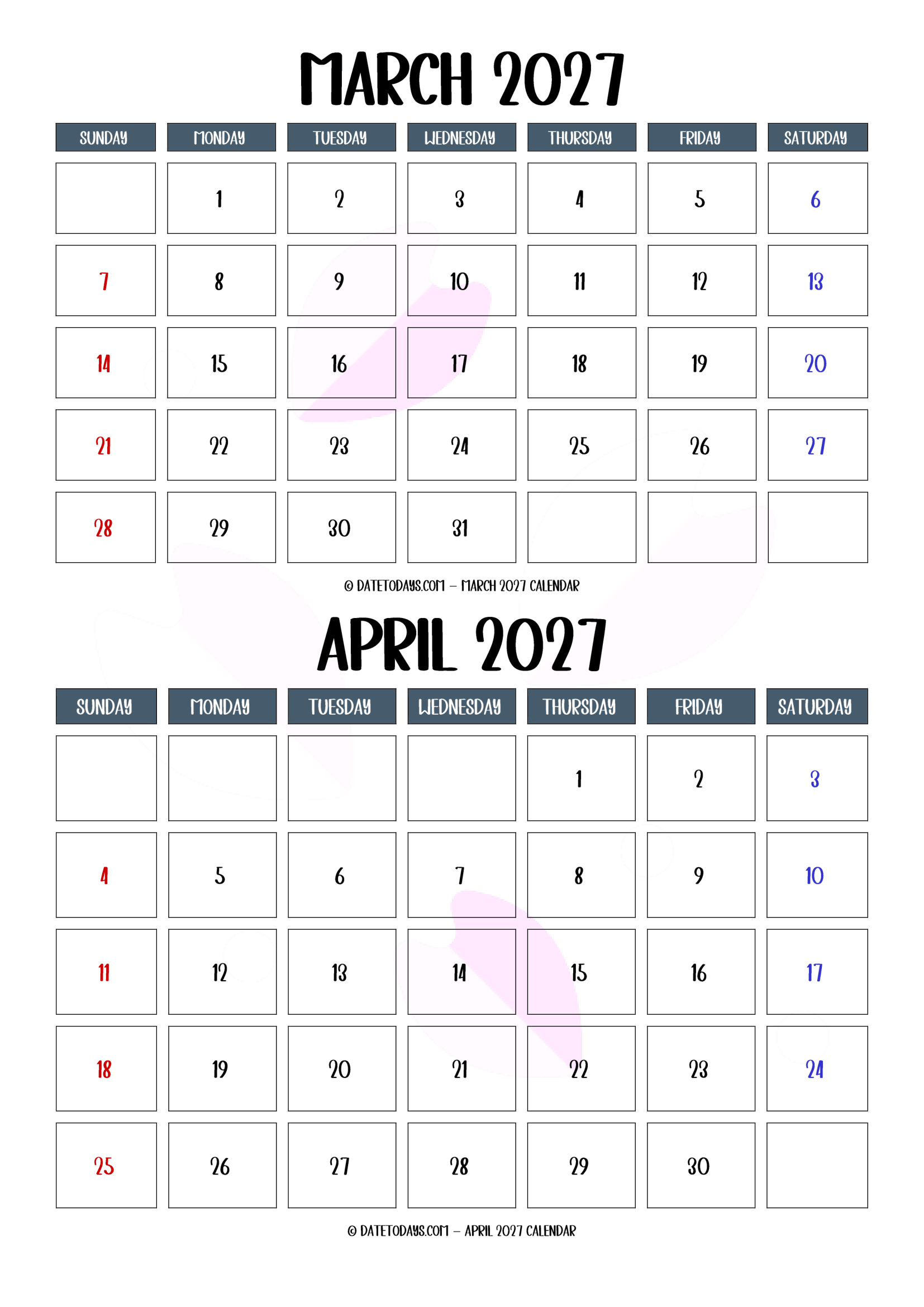 March April 2027 Calendar with Holidays
