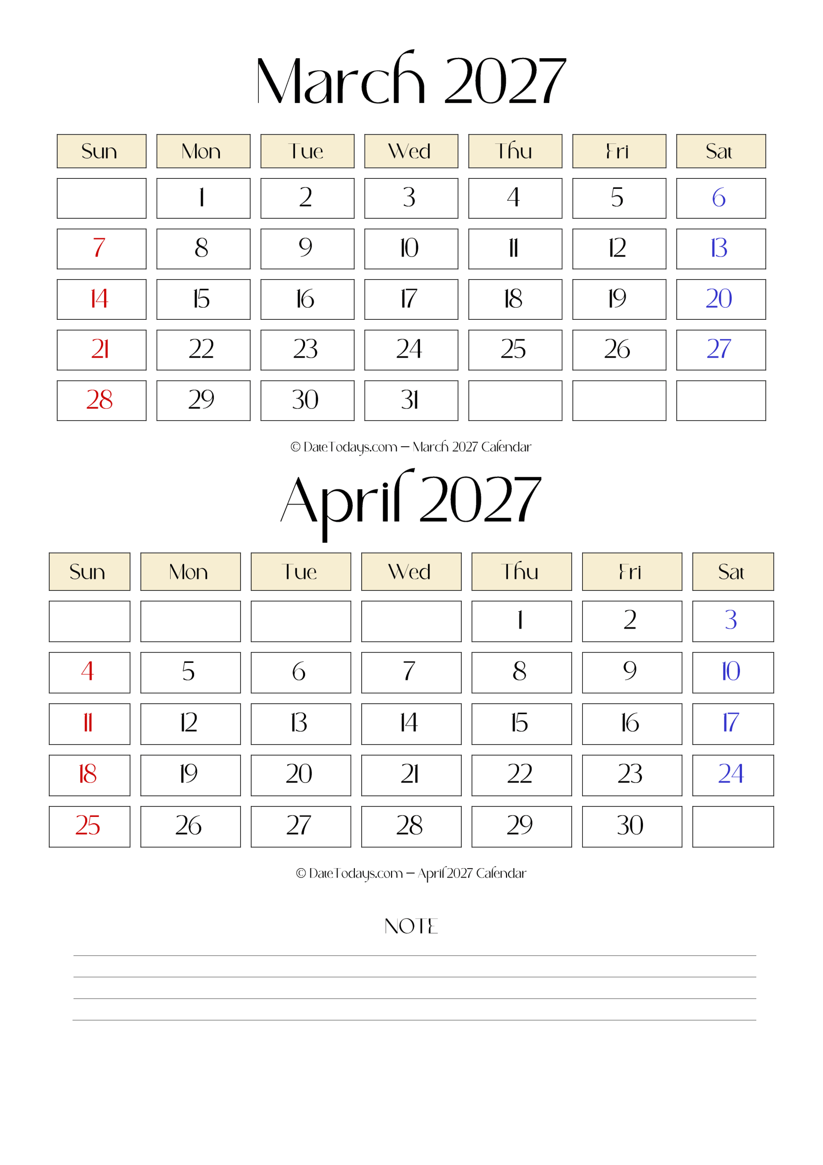 March April 2027 Calendar with Notes