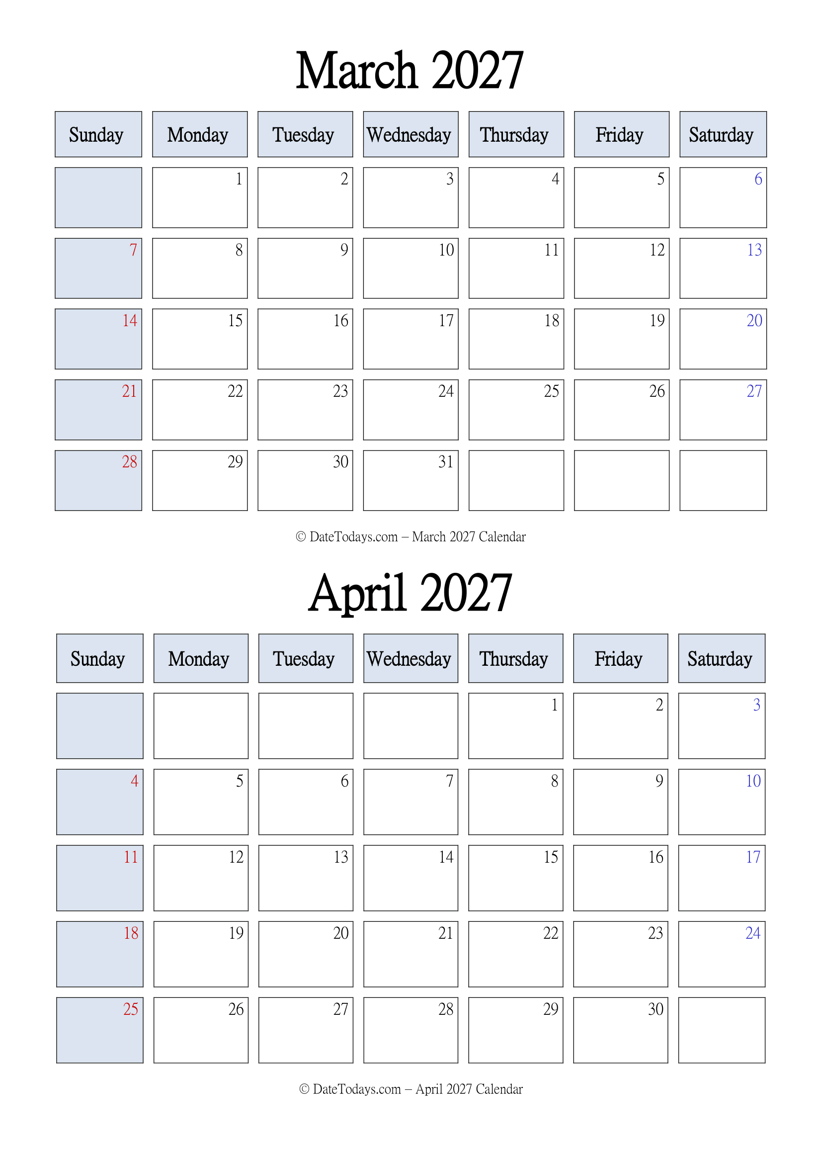 March April 2027 Calendar