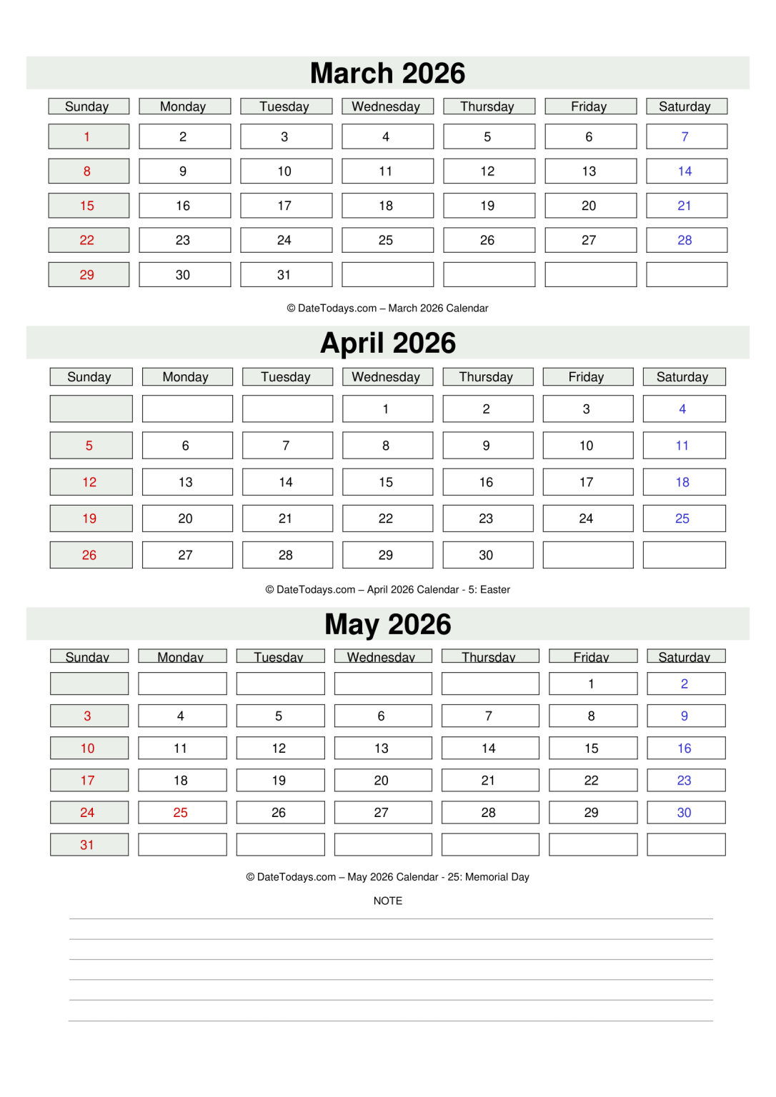 March April May 2026 Calendar Printable PDF - 3 Month Calendar