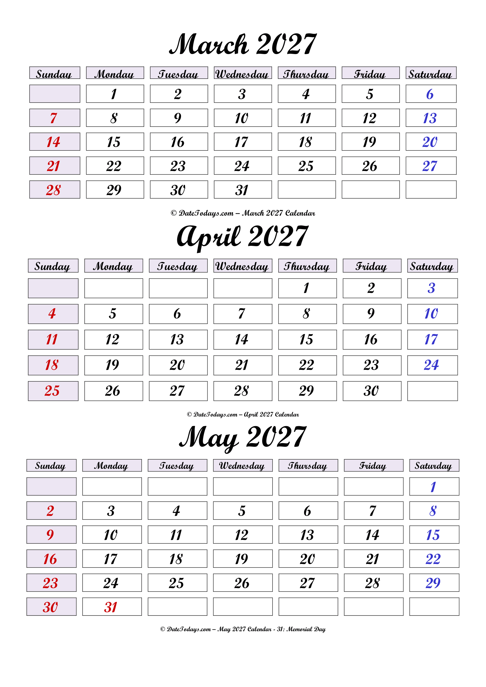 March to May 2027 Calendar