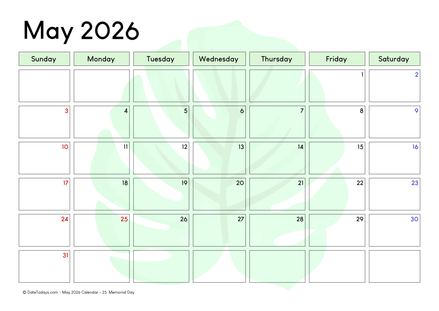 Free May 2026 Calendar with US Holidays Printable PDF