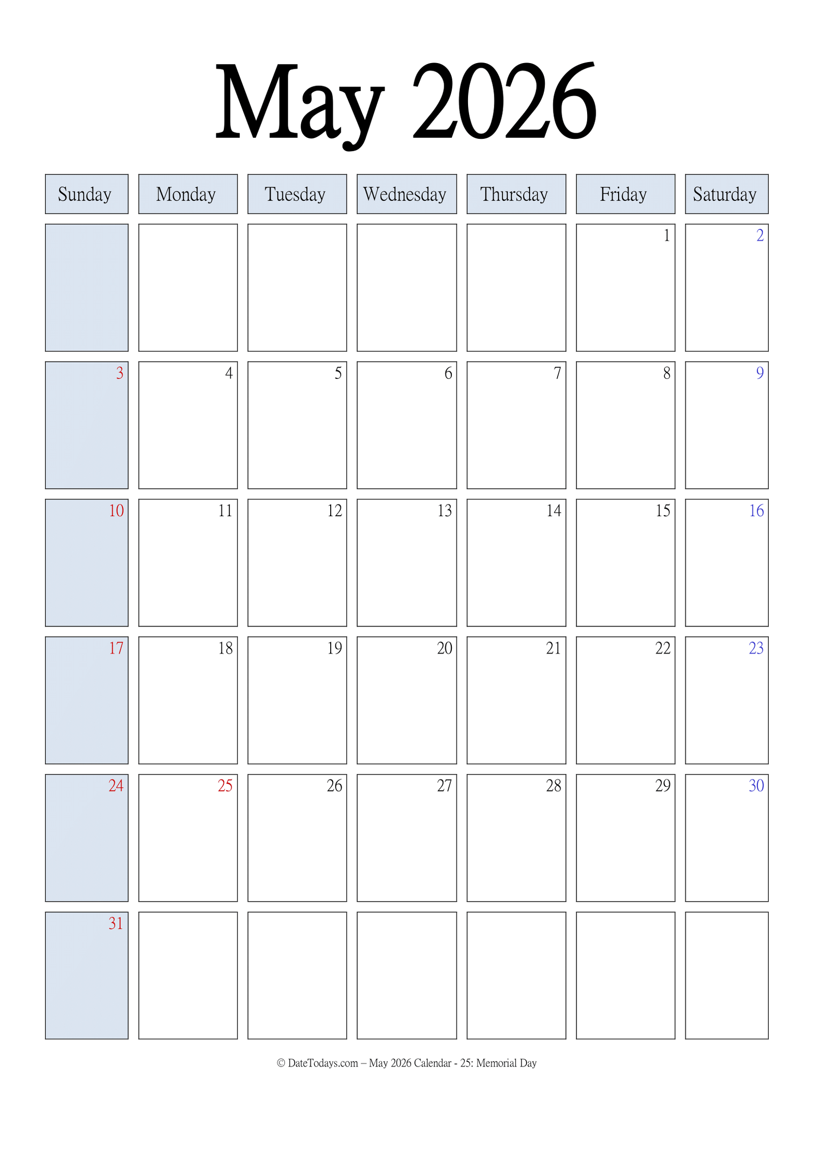 May 2026 Calendar Blue Portrait