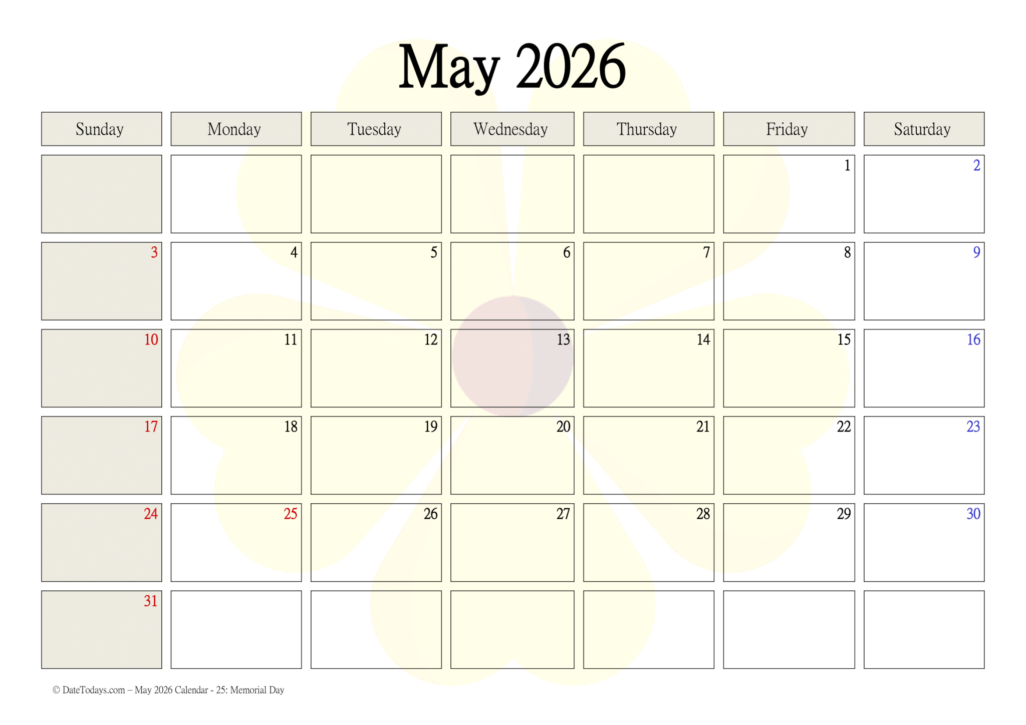 Free May 2026 Calendar with US Holidays Printable PDF