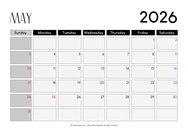 Free May 2026 Calendar with US Holidays Printable PDF