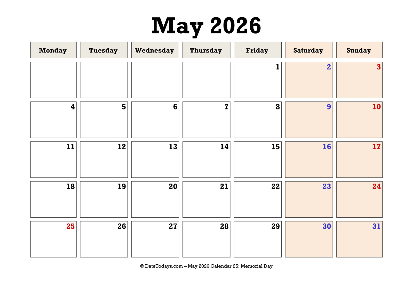 May 2026 Calendar Monday Start