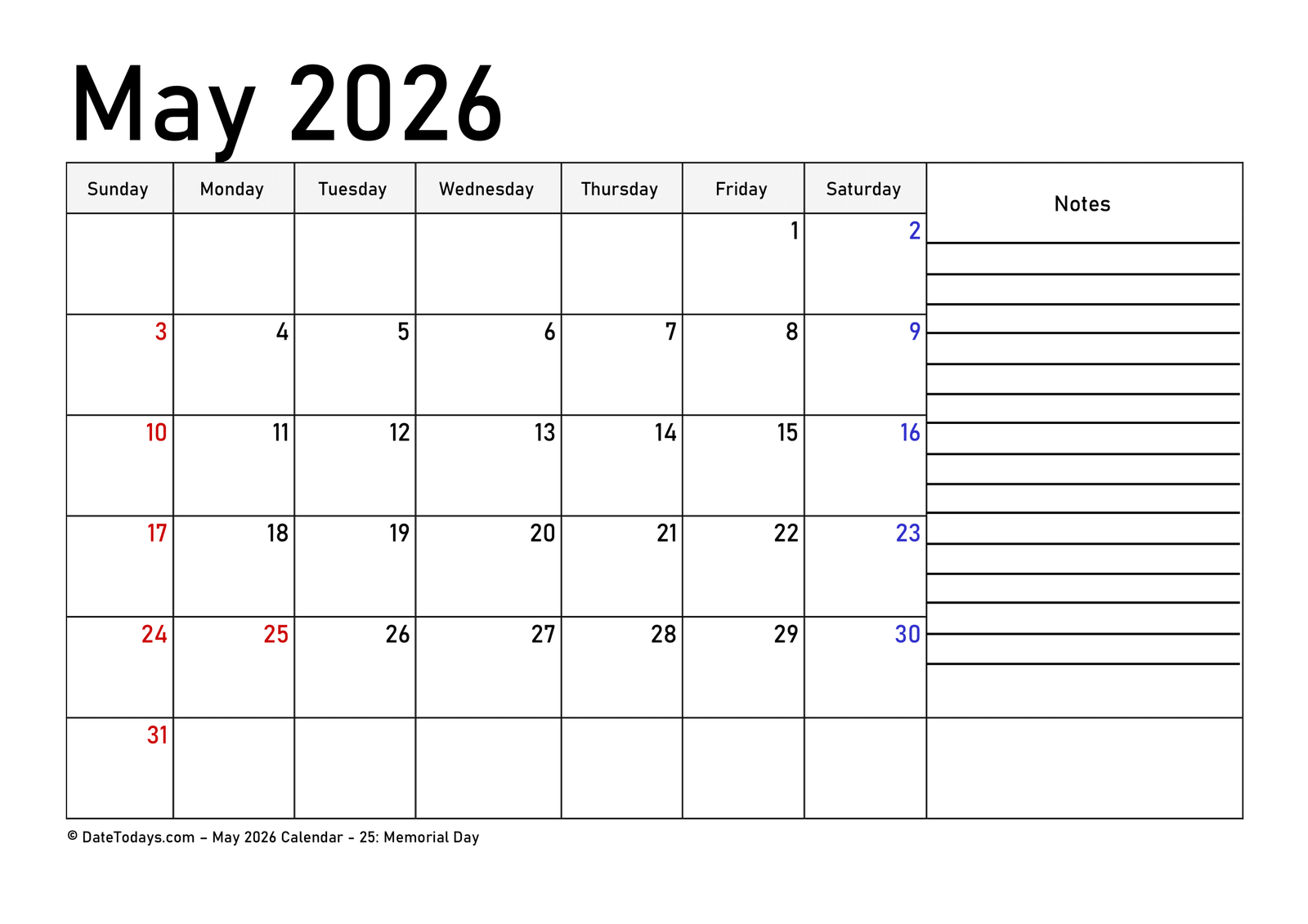 May 2026 Calendar with Note