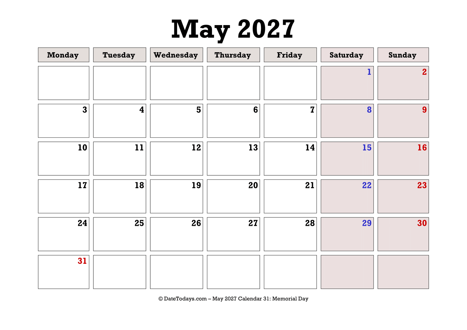 May 2027 Calendar Monday Start