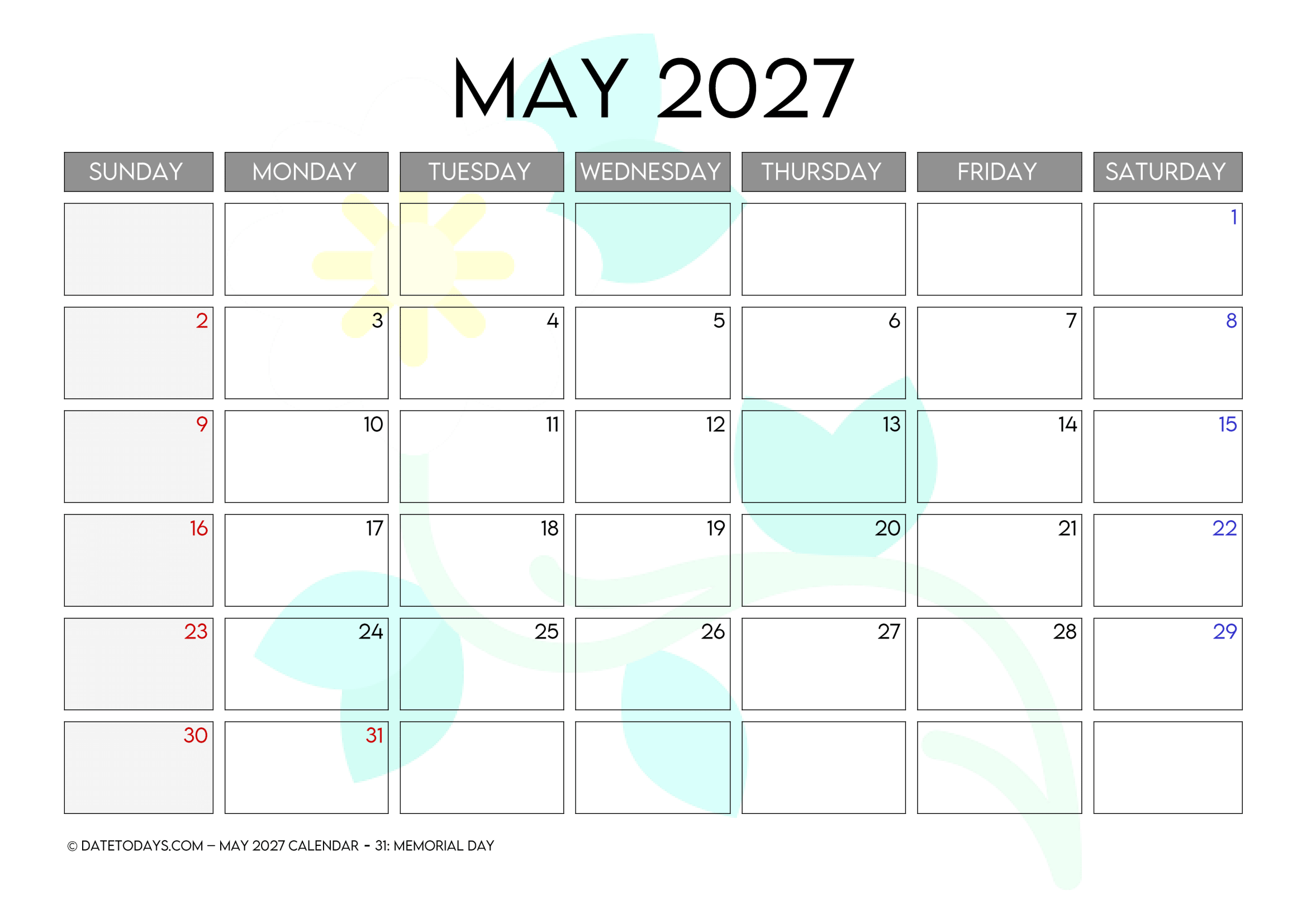 Printable May 2027 Calendar with Holidays