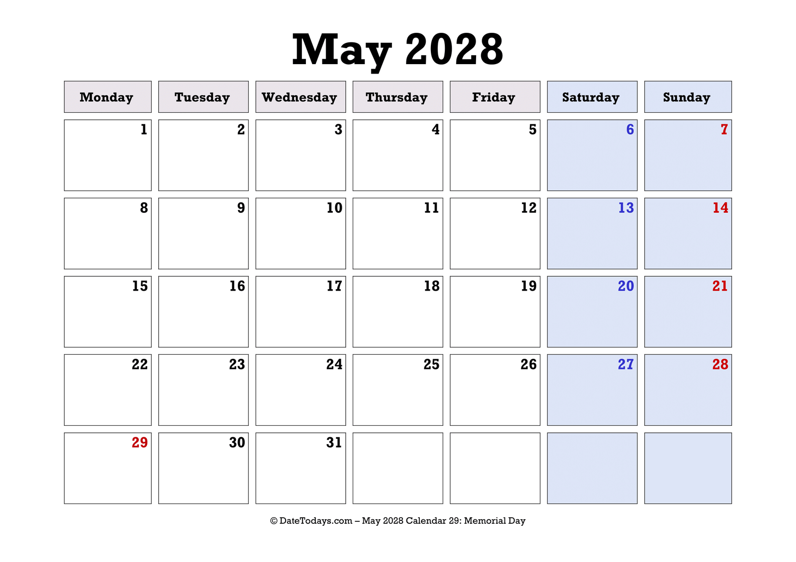May 2028 Calendar Monday Start