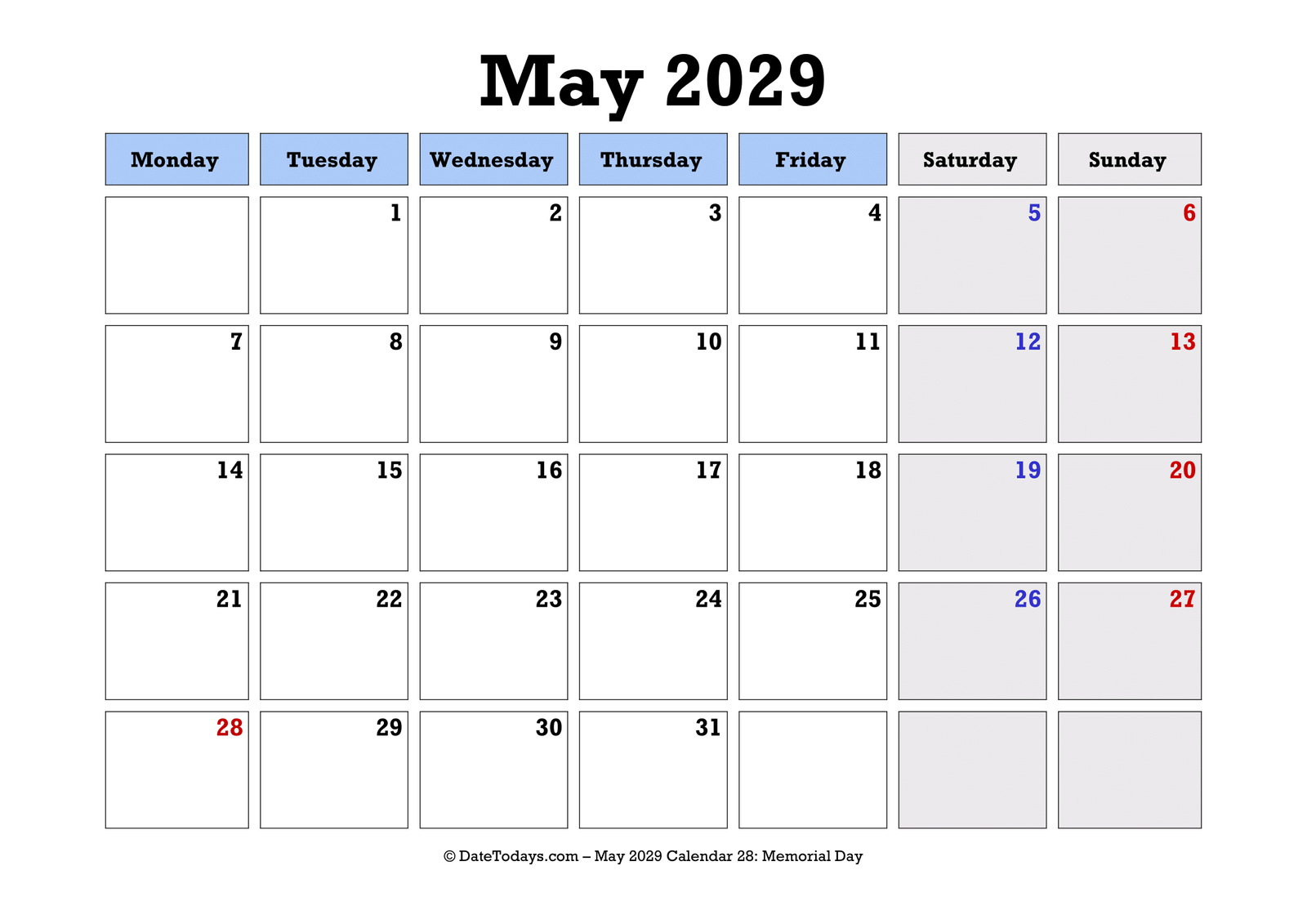 May 2029 Calendar Monday Start