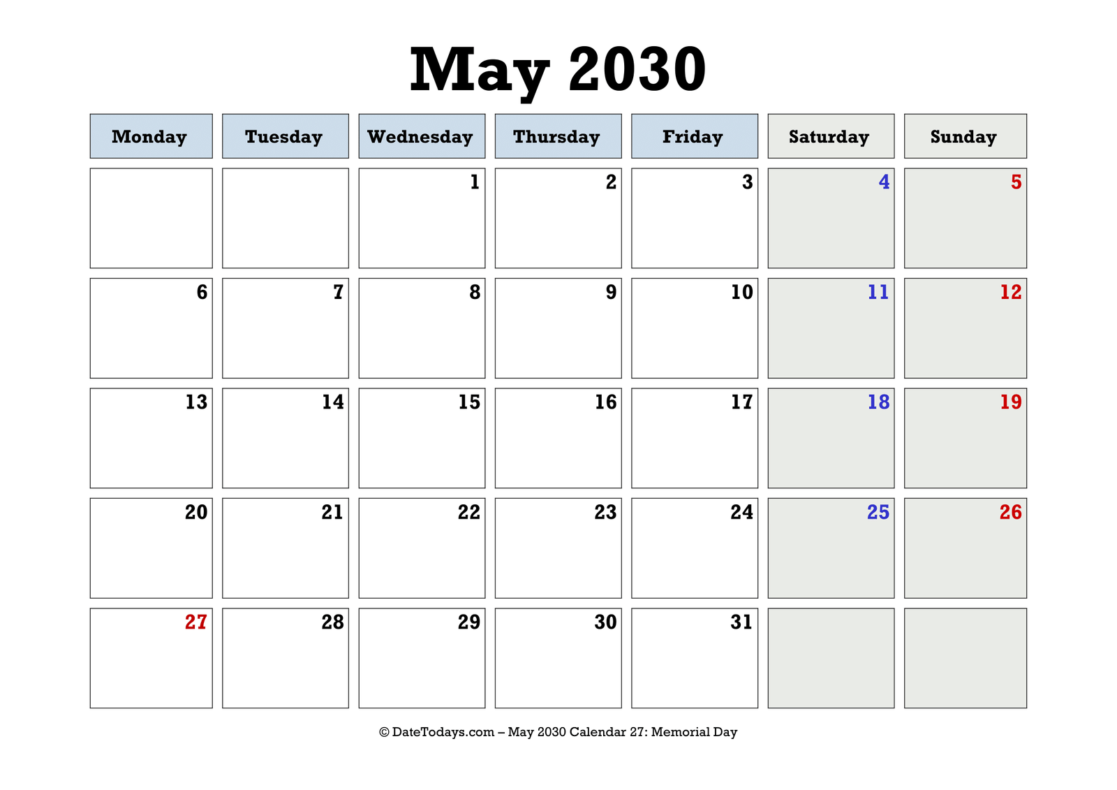 May 2030 Calendar Monday Start