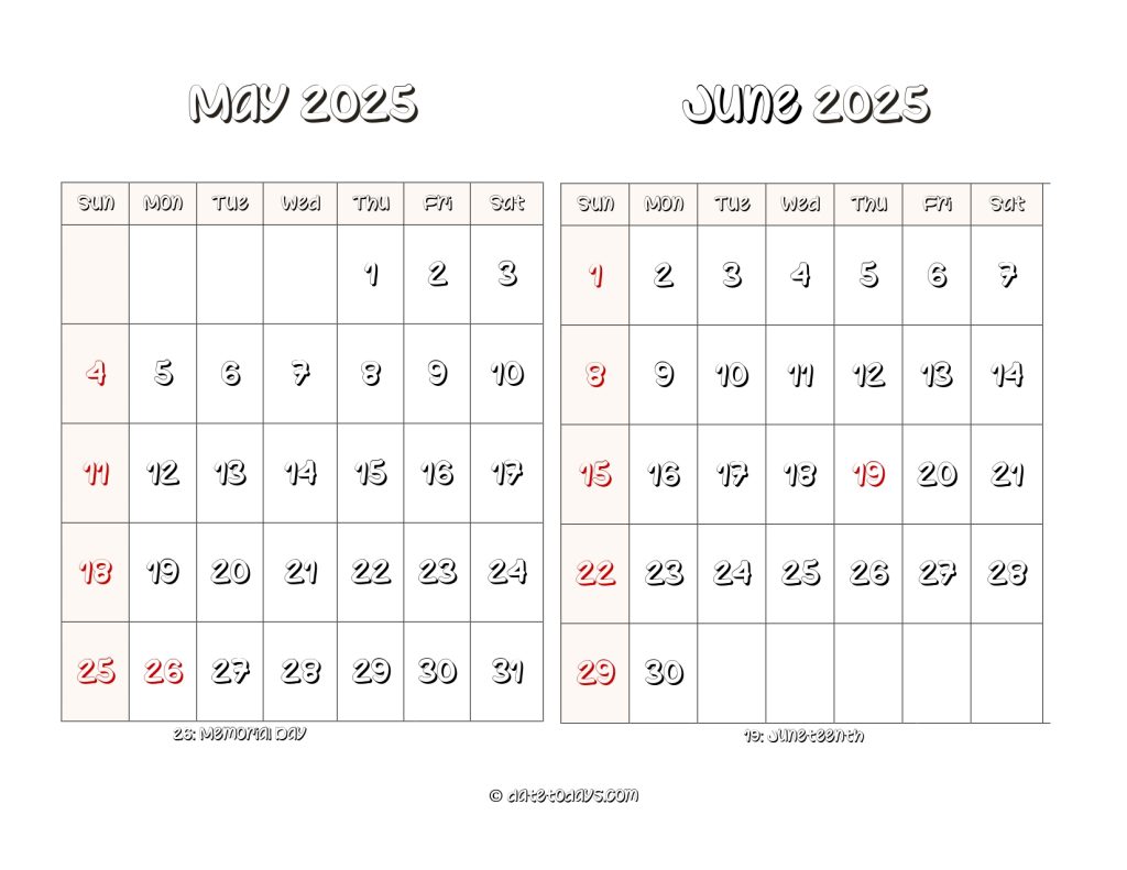 May June 2025 Calendar - 2 Month Calendars Printable