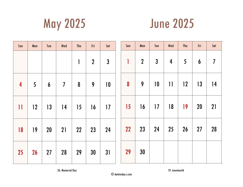 May June 2025 Calendar - 2 Month Calendars Printable