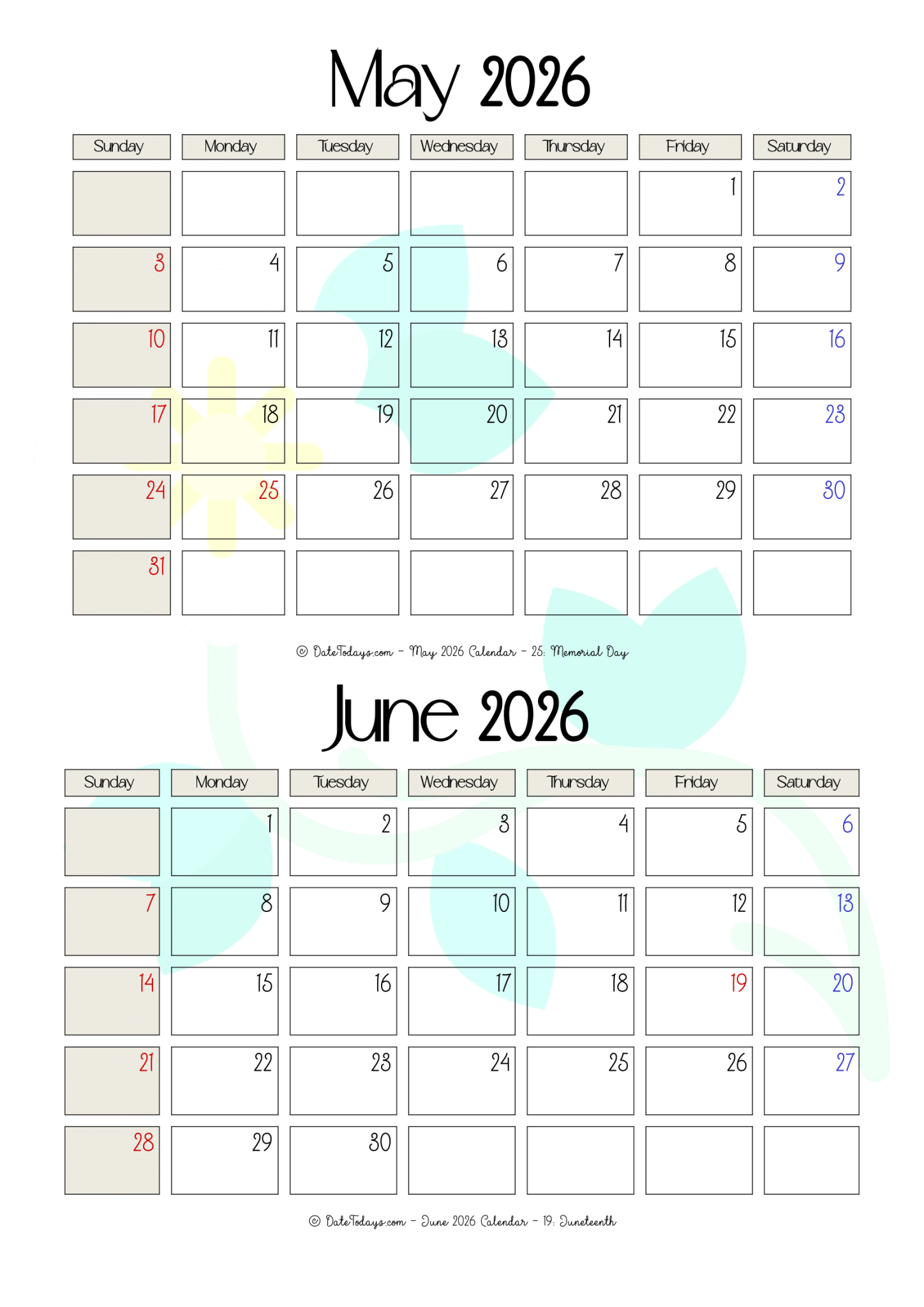 May June 2026 Calendar Printable PDF - 2 Month Calendar