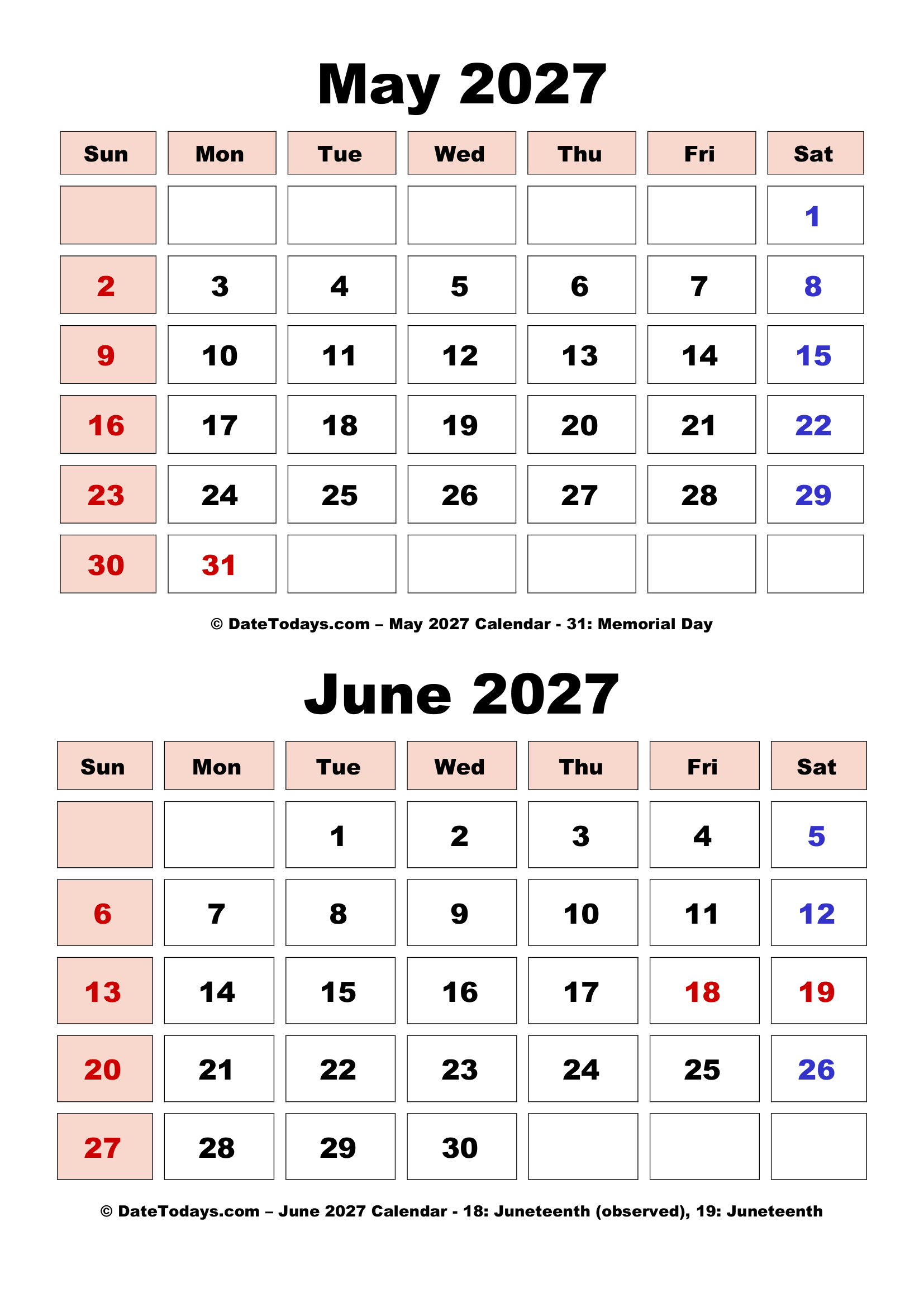 May June 2027 Calendar Bold Font