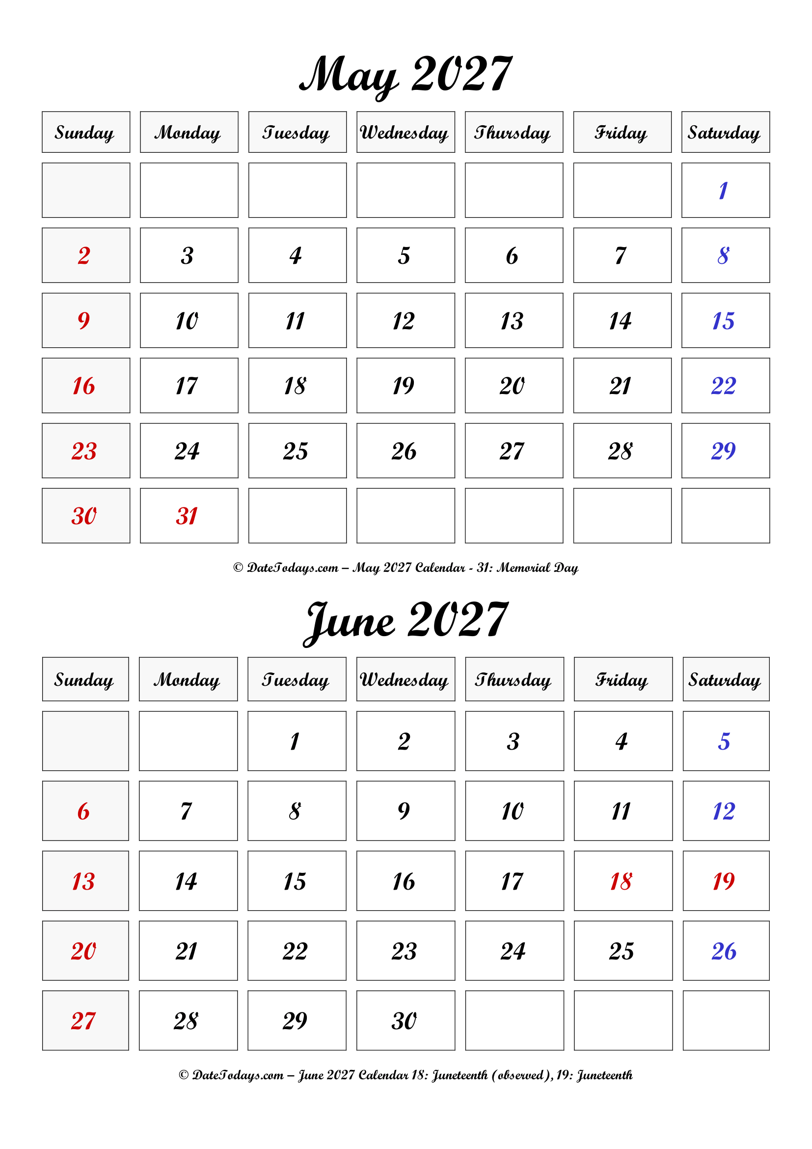 May June 2027 Calendar Cursive Font