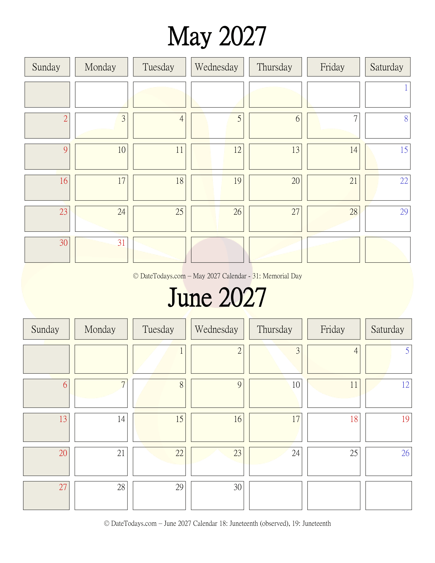 May June 2027 Calendar Free