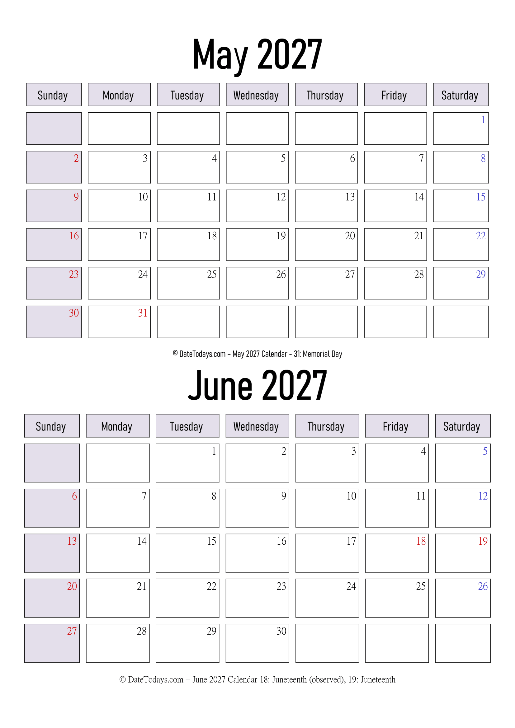 May June 2027 Calendar Print