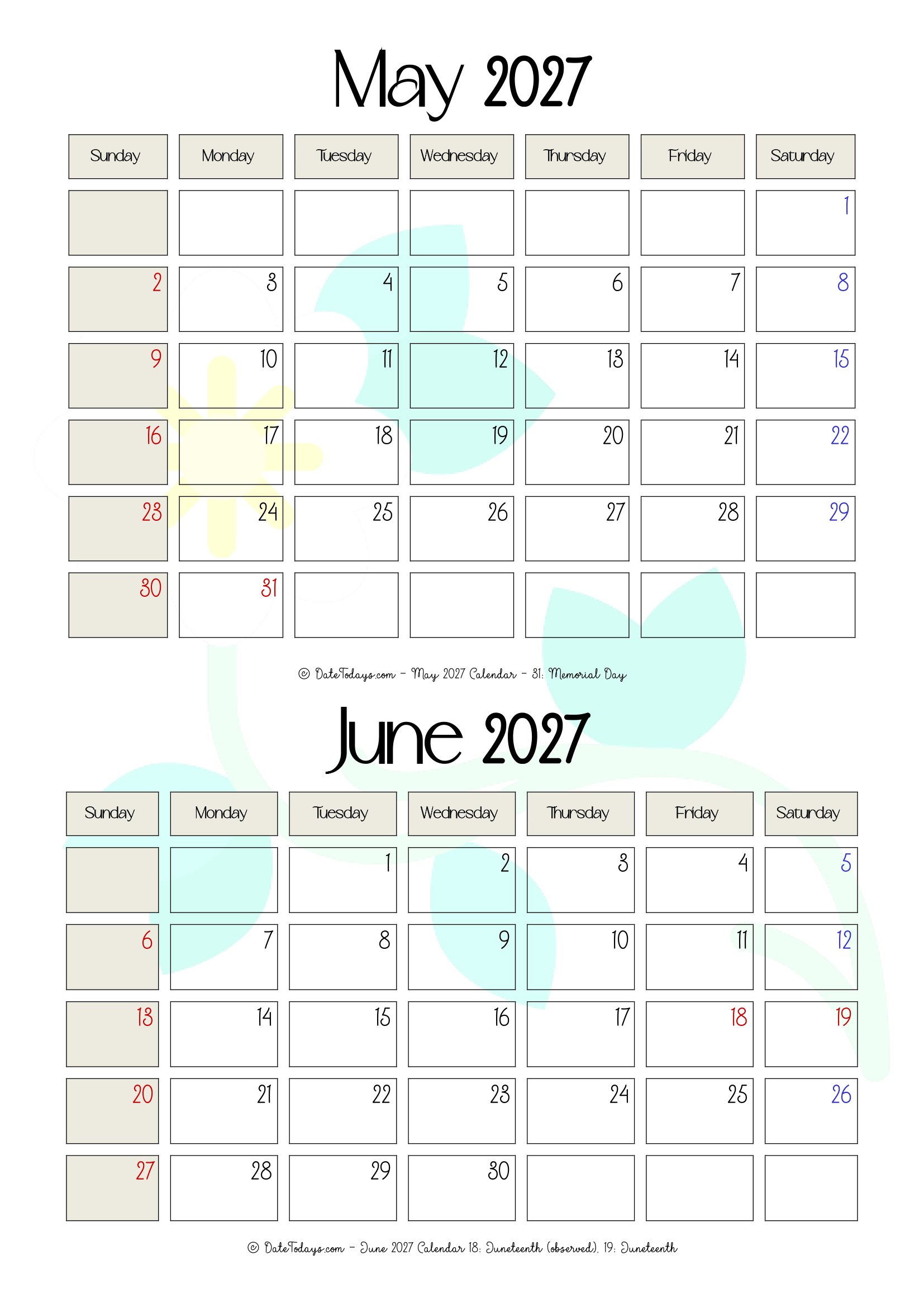 May June 2027 Calendar Printable