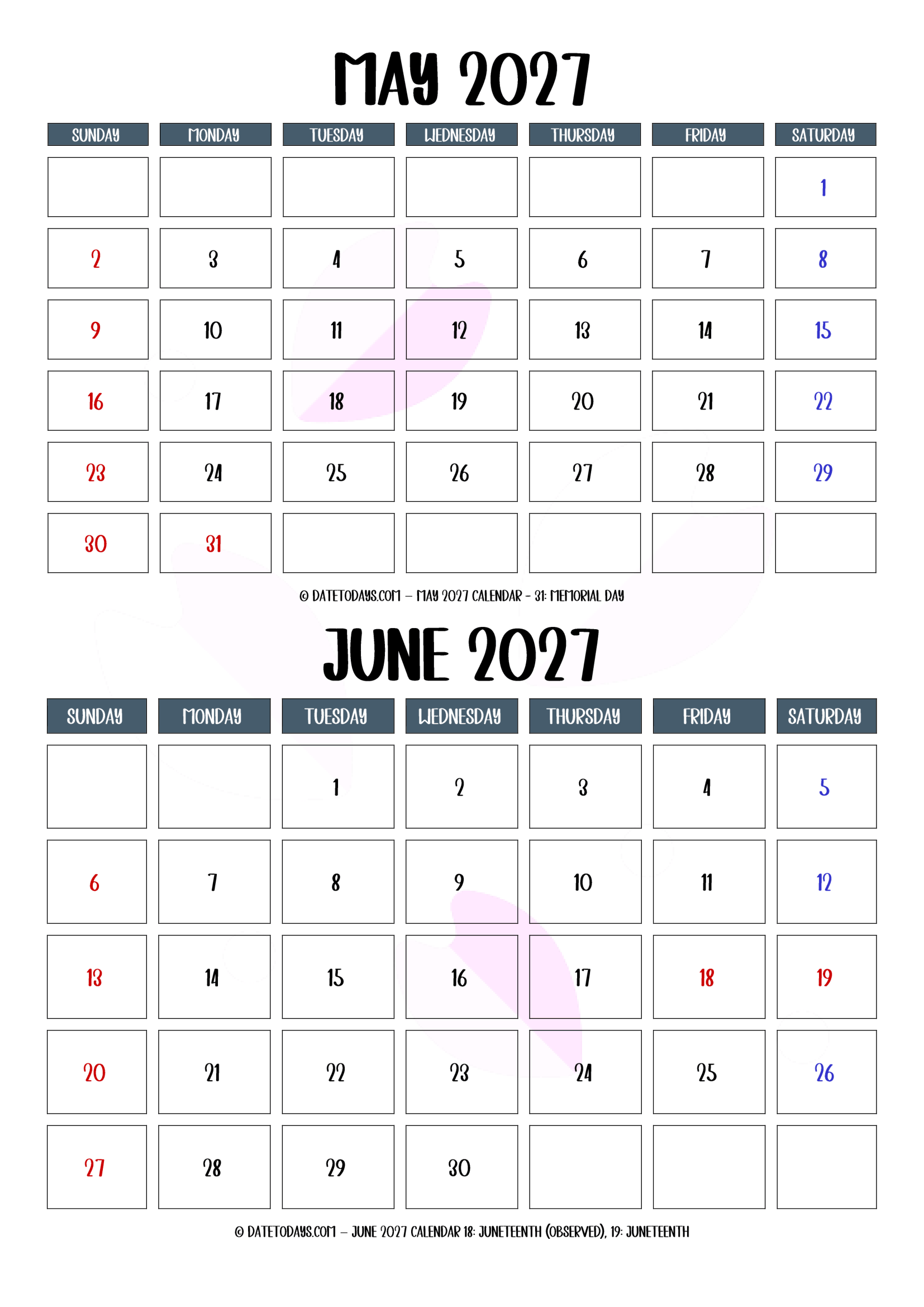 May June 2027 Calendar with Holidays