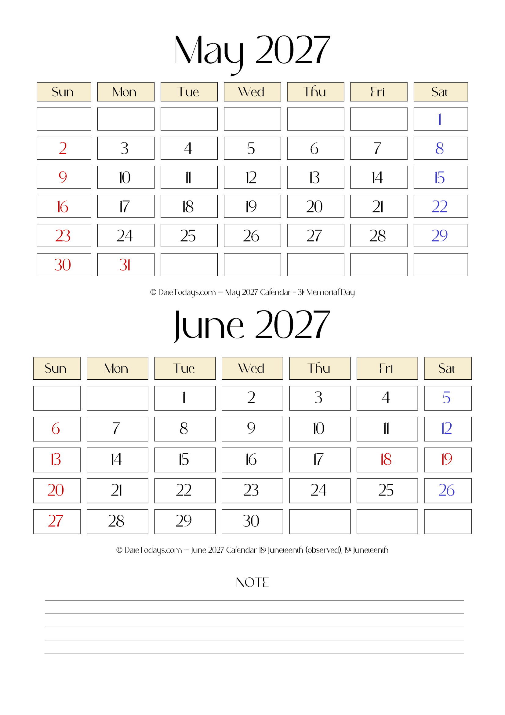 May June 2027 Calendar with Notes
